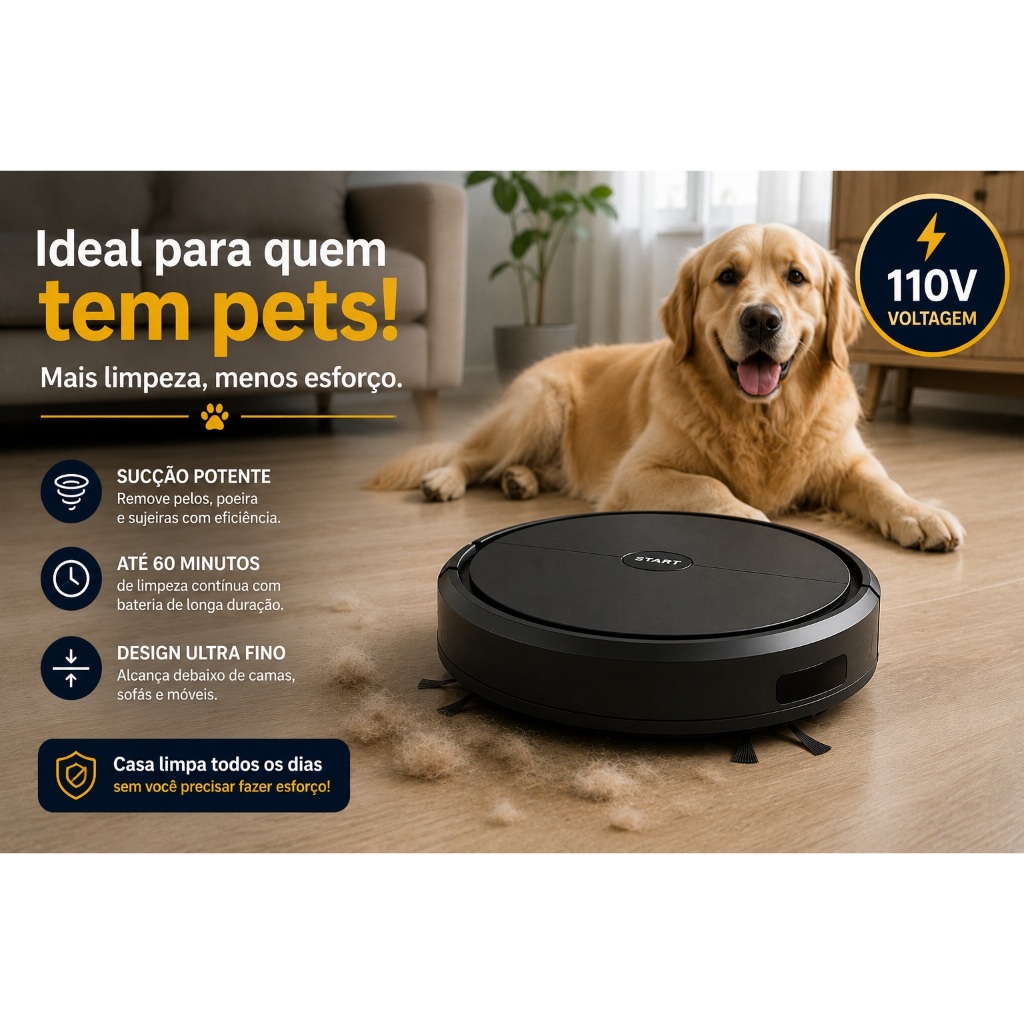 Robô Aspirador Inteligente 3 Em 1 Alta Sucção 2800Pa Automático Casa Limpa | 110V