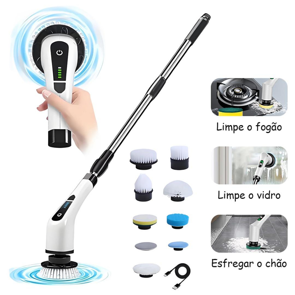 9 Em 1 Escova Kit De Limpeza Elétrica Sem Fio 2 Velocidades 360° Rotativa Alça Telescópica Removível Com Cabo Extensão