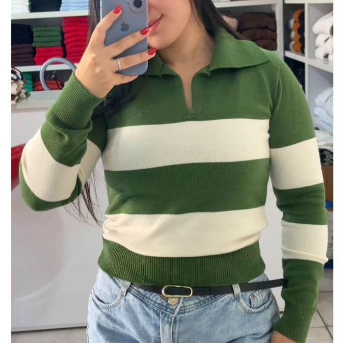 Blusa Feminina Estilosa Tricot Modal Gola Polo Listrada Blusa De Frio Feminina Elegante 2026