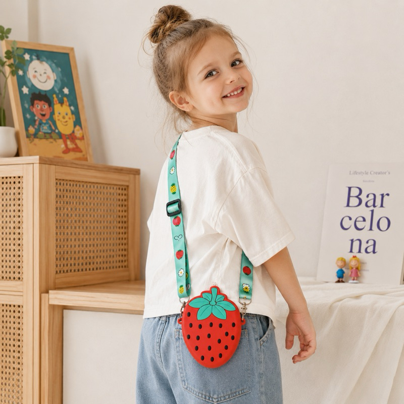 Bolsa Infantil de Silicone Morango – Transversal Fofa com Alça Ajustável