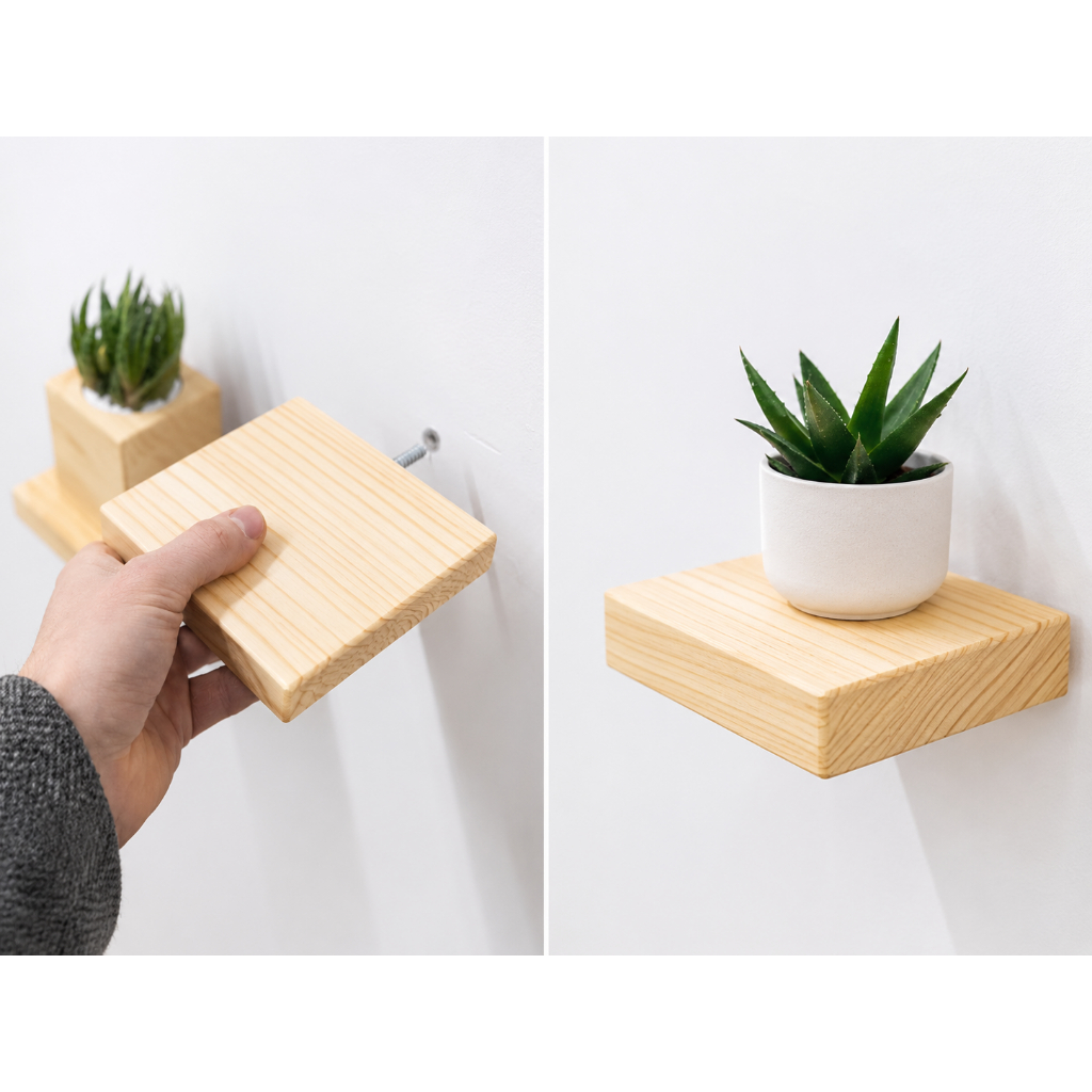 Prateleiras Flutuantes | Carvalho Quadrado Pequeno | Plantas, chaves, velas, decoração de parede | Boho Minimalista