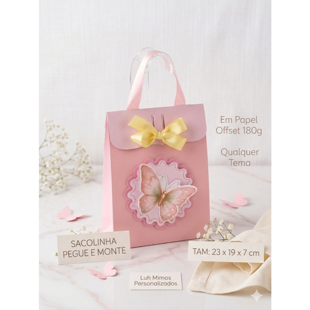 Sacolinha Personalizada Borboleta para Lembrancinha Festa Infantil- Qualquer tema- 23x19x7cm