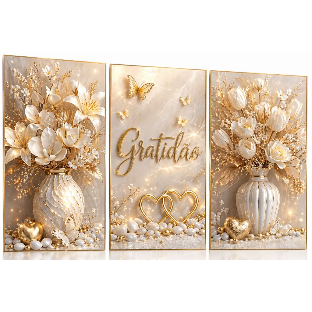 Kit De Quadros Decorativos 3 Peças Vasos Flores Brilhantes Borboletas Luxo Gratidão(VASO GRATIDÃO BRANCO))