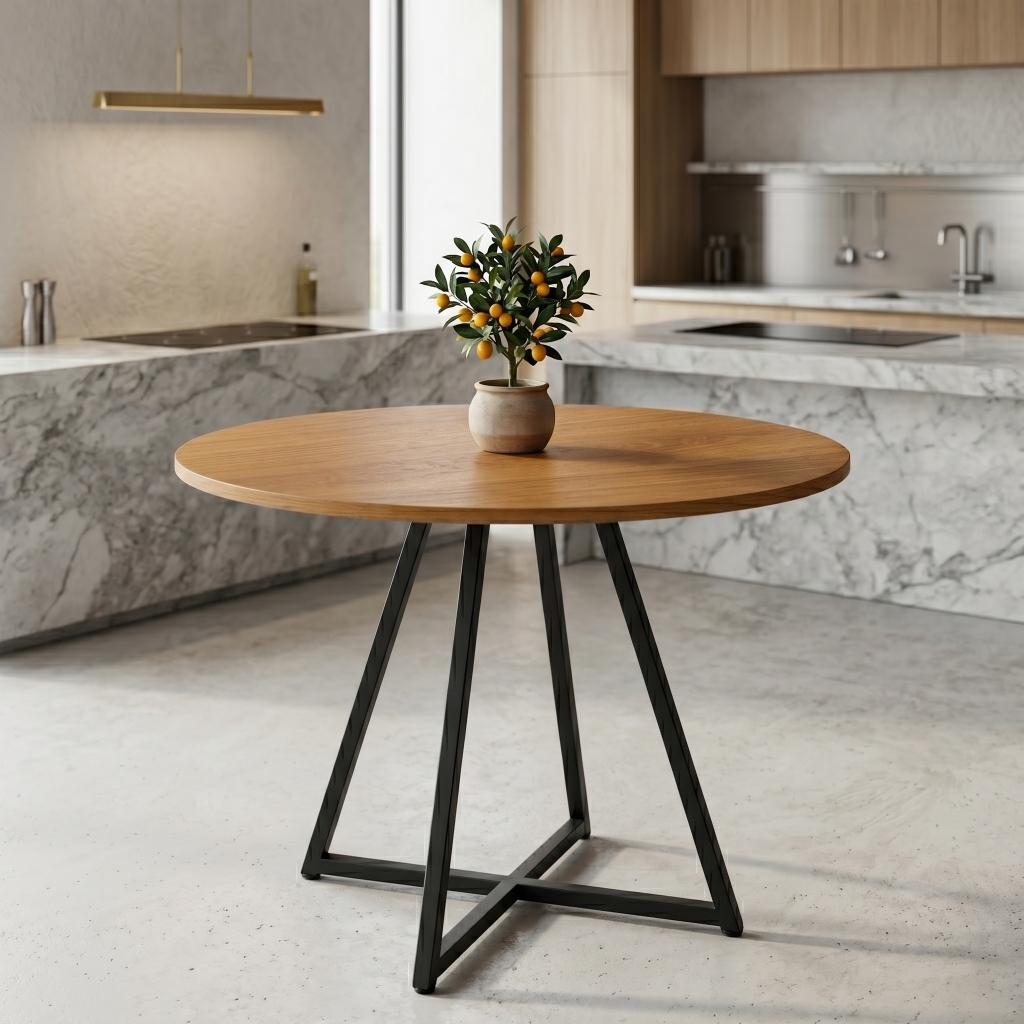Mesa de Jantar Redonda Requinte 90cm Estilo Industrial Tampo MDF com Base em Aço  Resistente Moderno