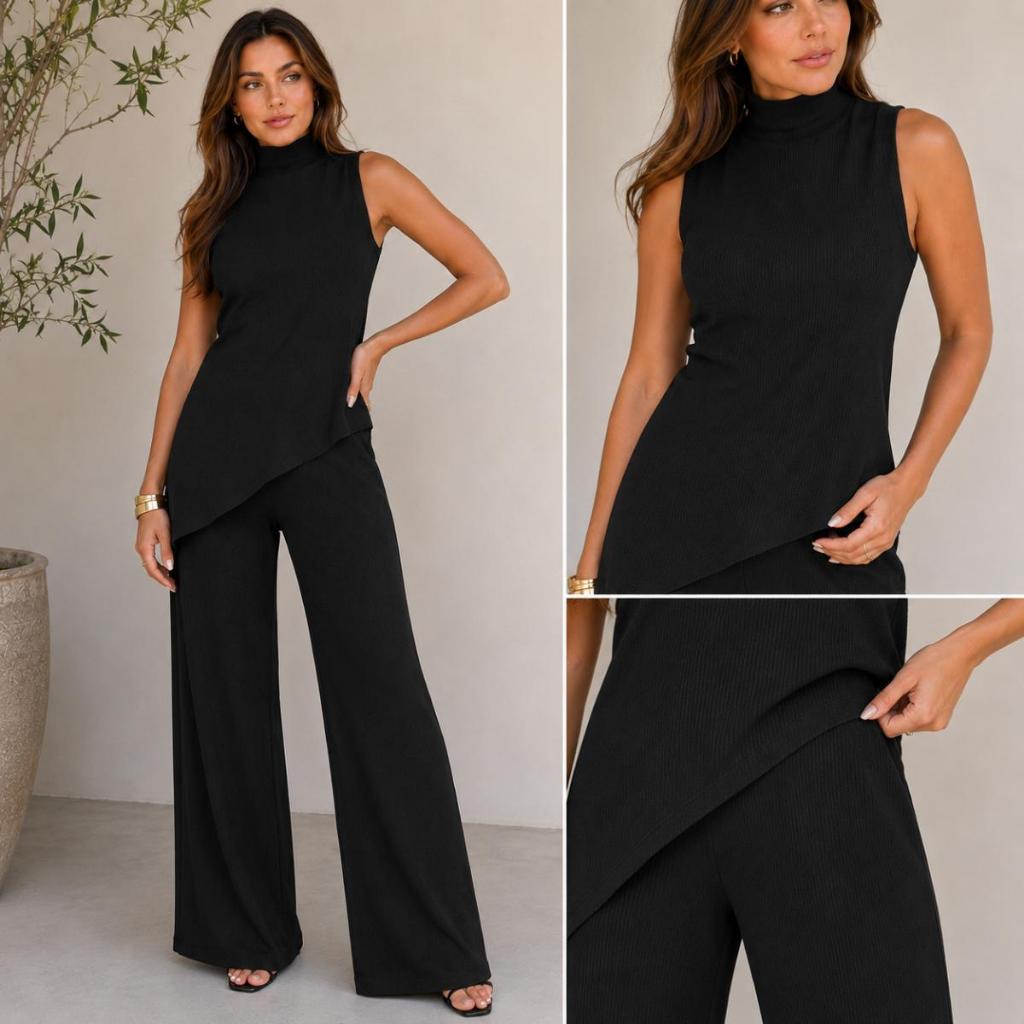 Conjunto Feminino Duna Blusa Assimétrica Gola Alta e Calça Pantalona Elegante Não Amassa