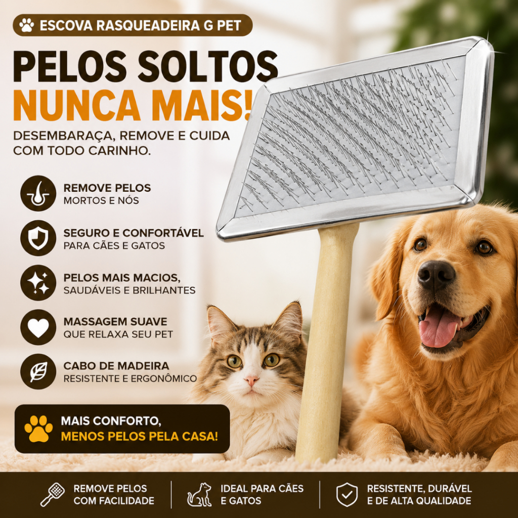 Escova Rasqueadeira G Pet Cabo Madeira Remove Pelos