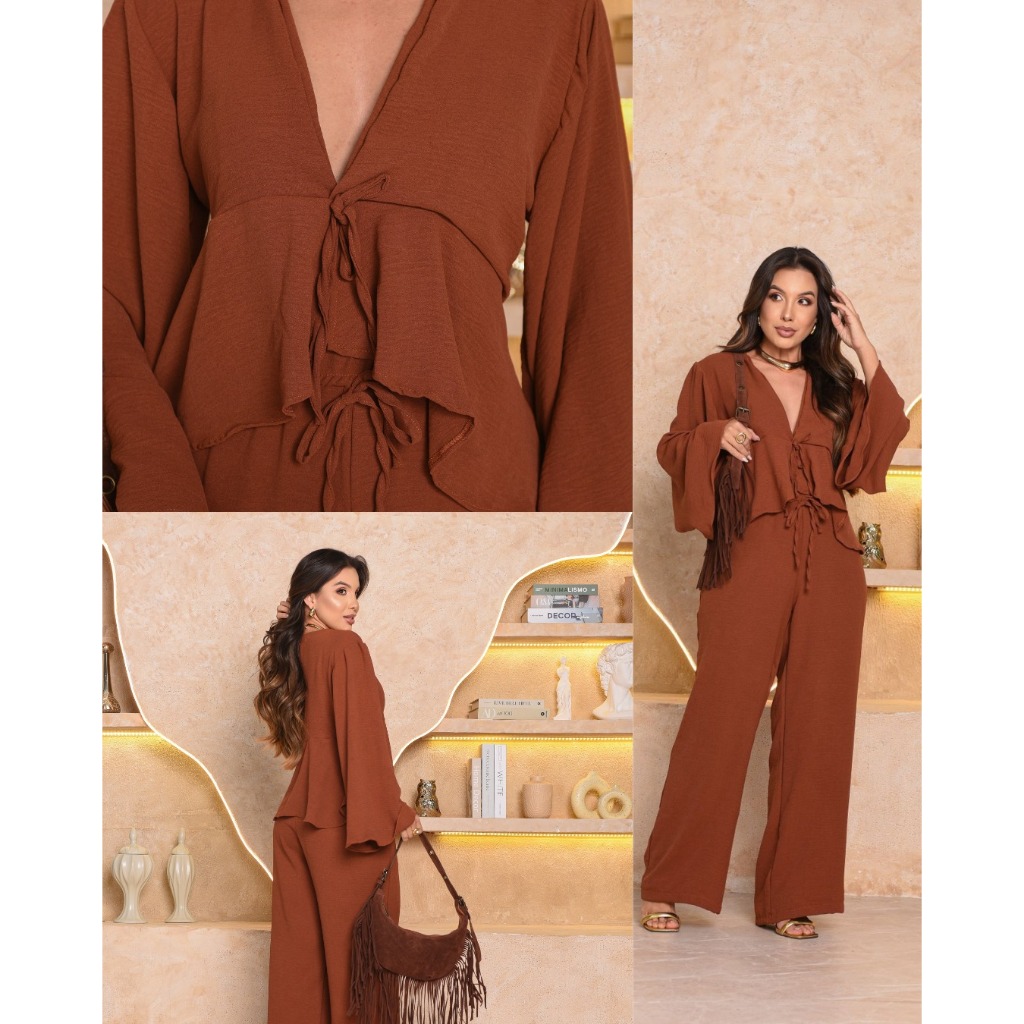 Conjunto Feminino Calça Pantalona e Blusa Bata com Babado Boho Chic