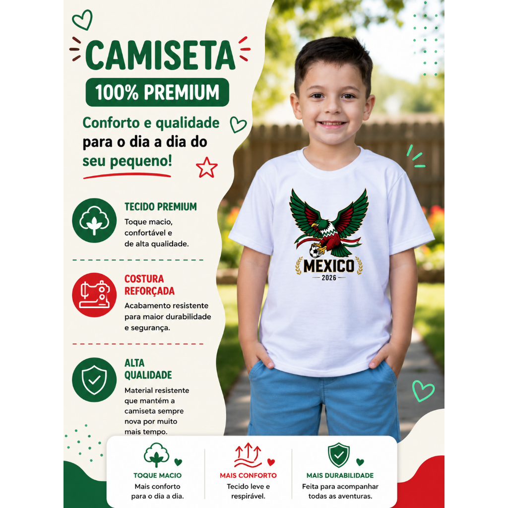 Camiseta Infantil México 2026 Copa do Mundo Pais Sede