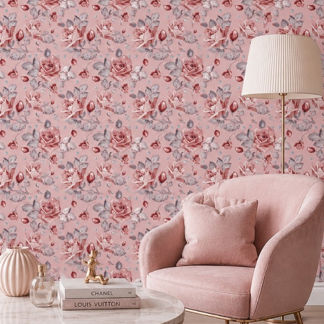 Papel de Parede Adesivo Floral Rosas Fundo Rosa Vintage Vinil Adesivo Lavável Premium Rosa Delicado