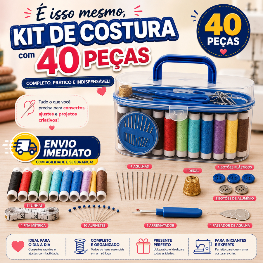Kit Caixa Costura 40 Peças Multifuncional Agulha Fita Linha Botão Dedal Portátil Prático