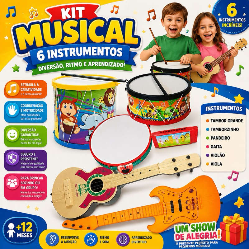 Kit Musical Brinquedo 6 Instrumentos Tambor Grande pandeiro Tamborzinho Violão Infantil Violinha