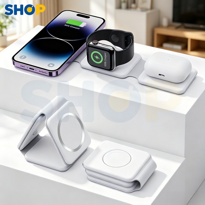 Carregador Sem Fio 3 em 1: Carrega Celular, AirPods e Apple Watch Simultaneamente, Fast Charge com Iluminação RGB-J9