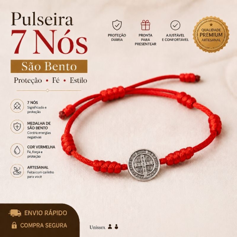 Pulseira Vermelha 7 Nós de Proteção com Medalha de São Bento e São Miguel Ajustável (fio 1mm)