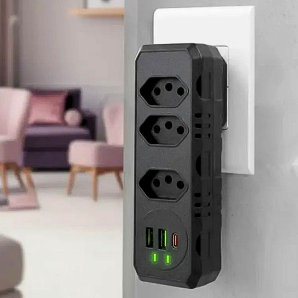 Régua Adaptador Benjamin Bivolt 3 Tomadas + 2 Portas USB e 1 Tipo-C Carregador