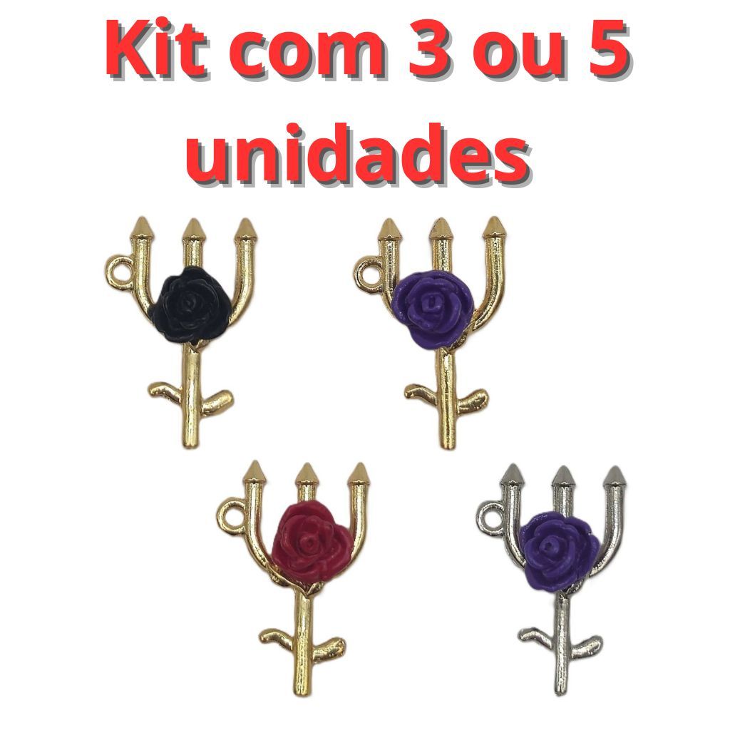 Kit 3 ou 5 Unidades Pingente Tridente Pomba Gira Dourado/Niquel (Prateado) com Rosa Resinada