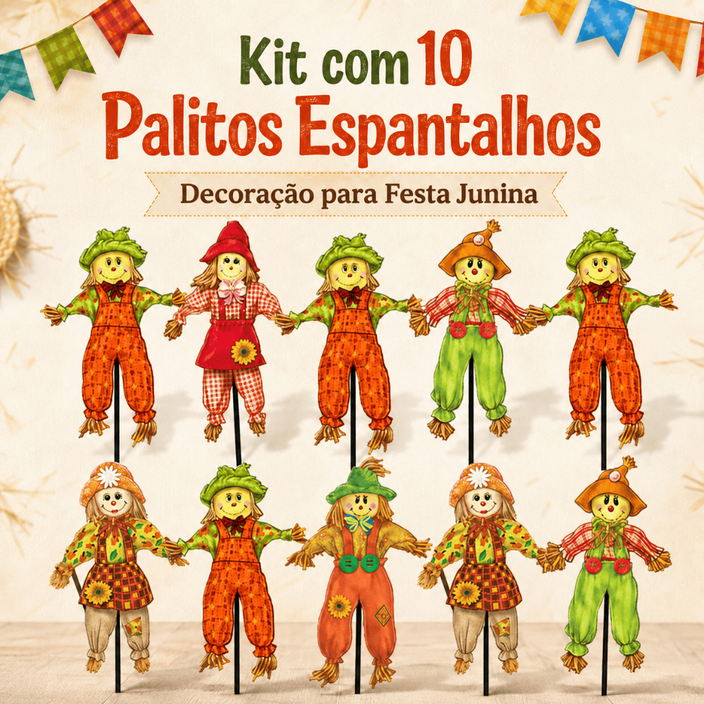 Kit 10 Palitos Espantalho Decoração Festa Junina São João Topper Decorativo