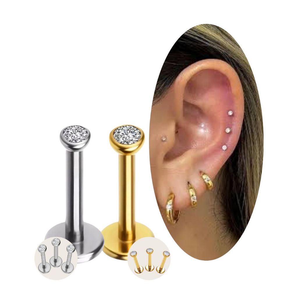 Kit 3 Piercing Titânio Ponto Luz Zircônia Helix Conch Labret Pvd Dourado ou Prata