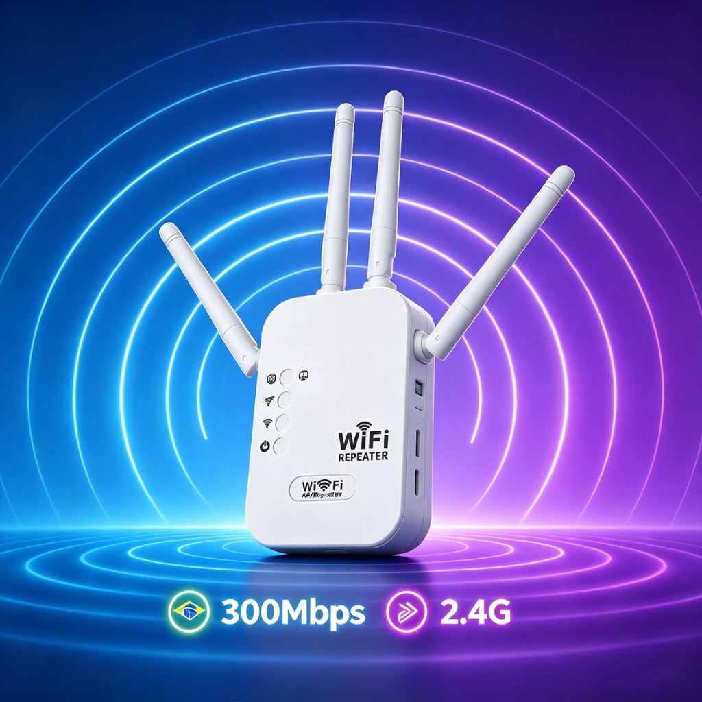 Repetidor de Sinal Wi‑Fi 4 Antenas | 300Mbps, 2.4GHz Anti‑Interferência, Amplificador de Rede para Casa e Escritório -G8