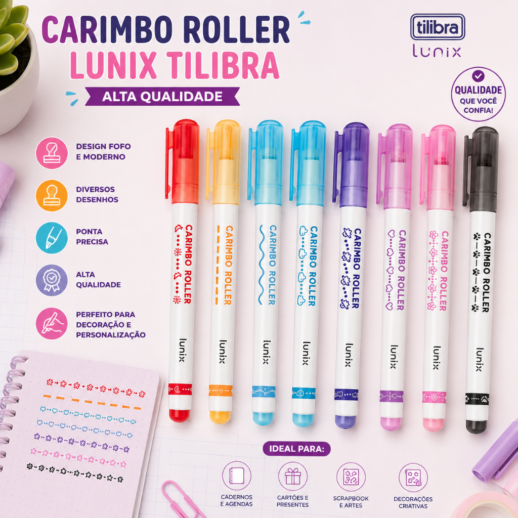 Caneta Carimbo Roller Lunix Tilibra Tinta Base Água Estampas Decorativas Alta Qualidade