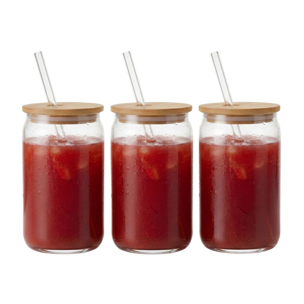 Kit 1/2/3 Copo de Vidro 570ml com Tampa Bambu e Canudo Drinks