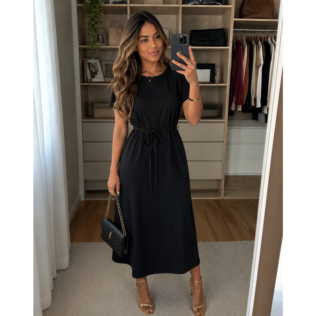 Vestido Soltinho Preto Versátil Com Amarração Na Cintura Elegante Moderno Casual