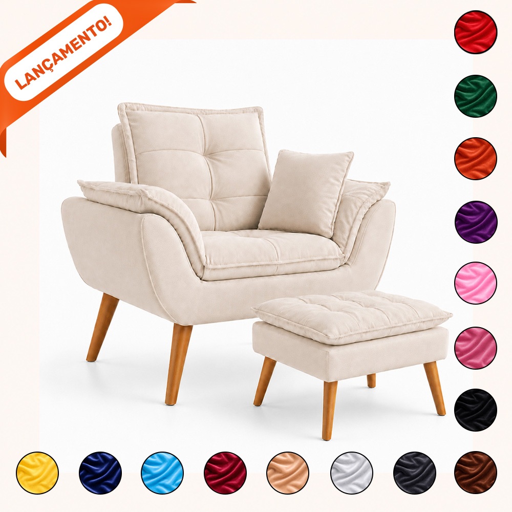 Kit Poltrona Opala Com Almofada Sala Deluxe e Puff Opala Pés Palito Suede