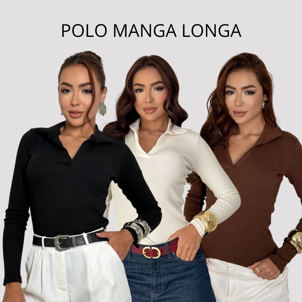 Blusa Feminina Canelada Manga Longa Gola Polo Básica Inverno ribana canelada Casual Look Trabalho