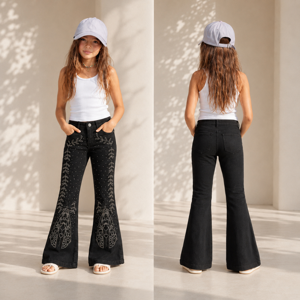 Calça Flare Country Juvenil Feminina Jeans com Strass Preto Boiadeira