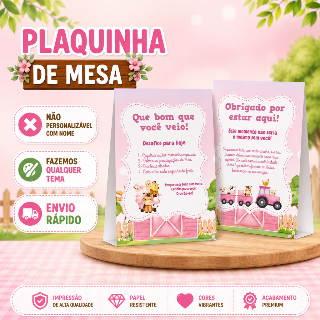 Kit Plaquinha de Mesa Fazendinha Rosa Menina Personalizados Festa Lembrancinha Aniversário Infantil Chá de Bêbe