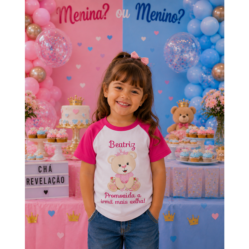 Camiseta Promovido a Irmã mais velha Ursa Princesa ou Urso Príncipe Personalizada com nome, chá revelação