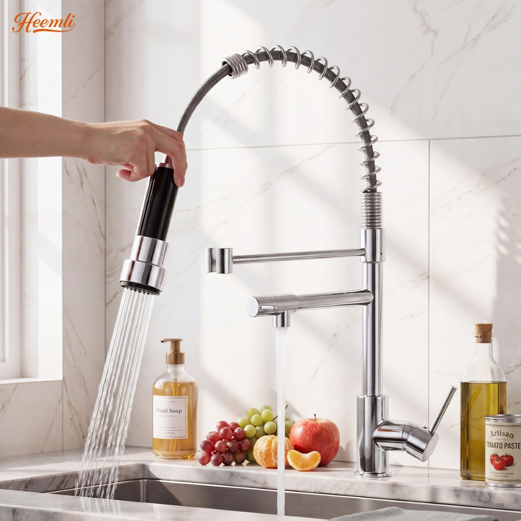 Heemli Torneira de Cozinha Gourmet Monocomando com Spray Extensor e Bica Flexível Prateada