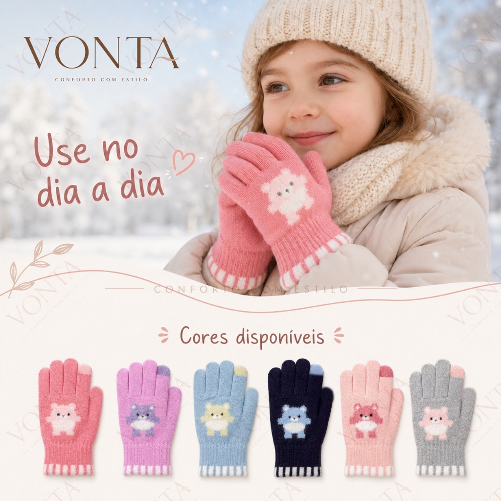 Luva Infantil de Inverno Quentinha de Tricô com Desenho Fofo para Bebê Criança Menina