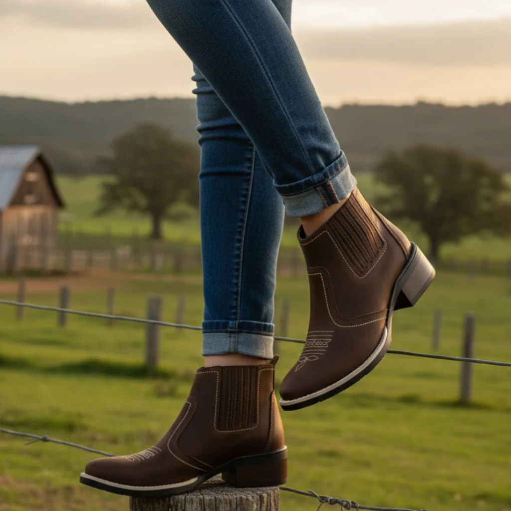 Bota Feminina Country Texana Couro Nobuck Legitimo Bico Quadrado Solado Costurado Marca Campolina 3140