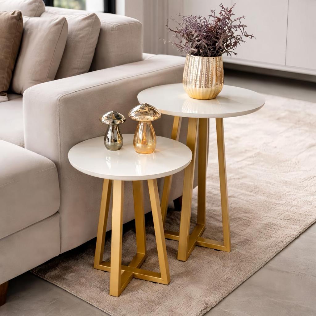 Kit 2 Mesas Lateral Redondas Decorativas Grécia Base Pé Aço Dourado Apoio Sala Moderna Luxo 20x30