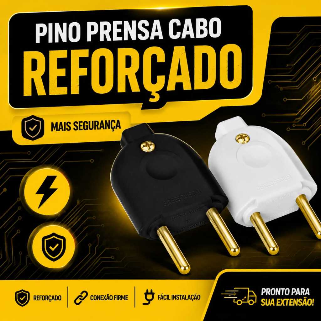 Pino Macho Prensa Cabo Reforçado 2 Polos 10A Maciço Para Extensão Elétrica Resistente e Seguro