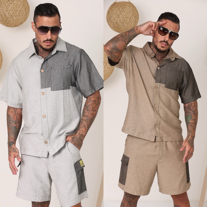 Conjunto Oversized Masculino Camisa E Bermuda Cargo Streetwear Chumbo Cinza Marrom Urbano Fashion