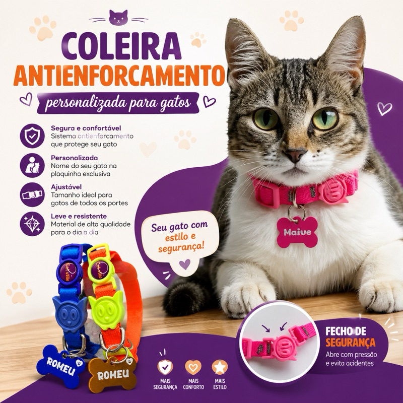 Coleira para Gato Personalizada com Nome e Telefone | Plaquinha ID | Ajustável Antienforcamento