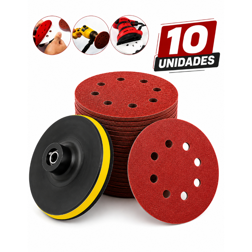 Kit 10 Discos Lixa 8 Furo 125mm 5 Pol Lixadeira Roto Orbital