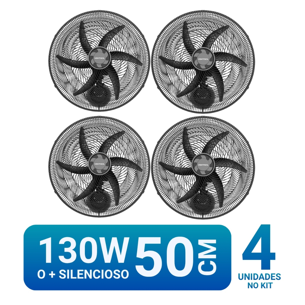 Kit 4 Ventilador de Parede Monta Fácil 135w Ventisol 6 Pás Motor Turbo Preto Silencioso P/ Loja Osc