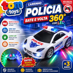 Carrinho Policia Infantil Menino Bate Volta Som Luz 3d E Movimento 360°