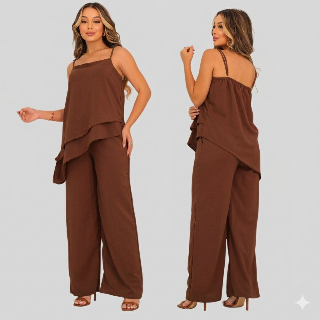 Conjunto Calça Pantalona Blusa Alcinha Assimétrica Camadas Crepe Alfaitaria