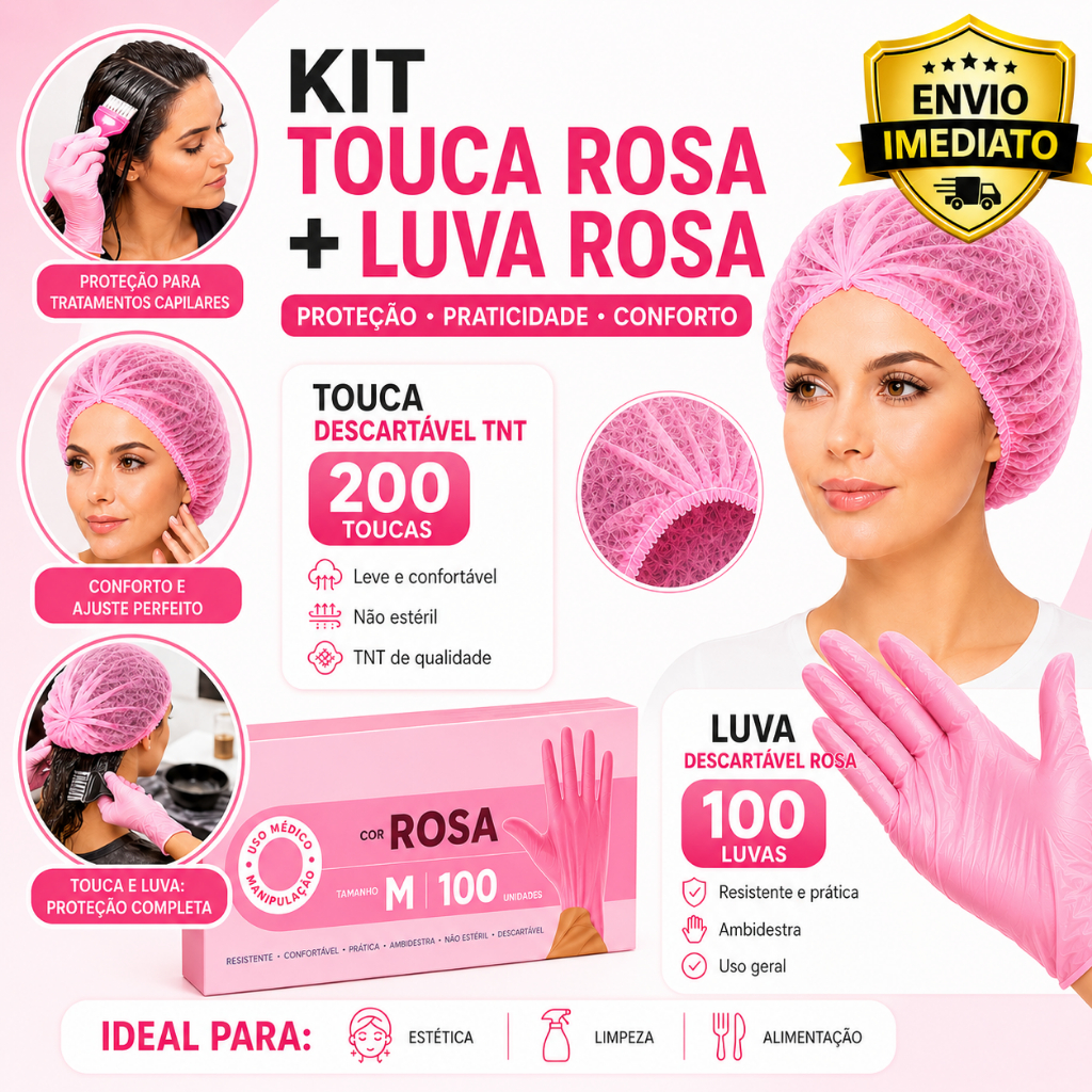 Kit Completo Rosa com 100 Toucas TNT + 100 Luvas TPE Soft Descartáveis