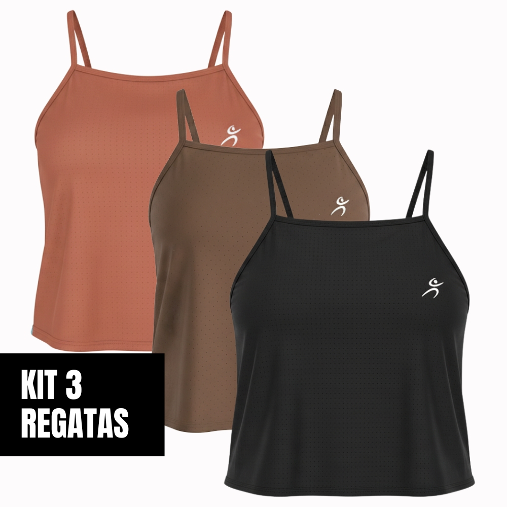 Kit 3 Regatas Fitness Femininas Modelagem Soltinha, Alças Delicadas Tecido Dry Fit Com Proteção UV