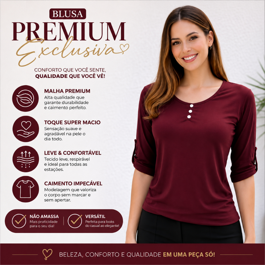 Blusa Feminina Manga 3/4 Malha Premium Elegante Confortável Casual Moda Feminina Com botões