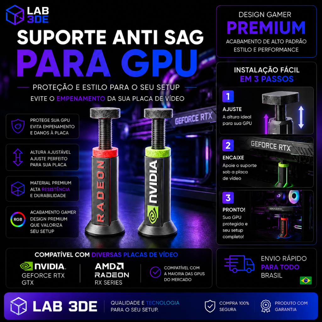 SUPORTE PLACA DE VÍDEO GAMER ANTI SAG AJUSTÁVEL PREMIUM RTX / RADEON
