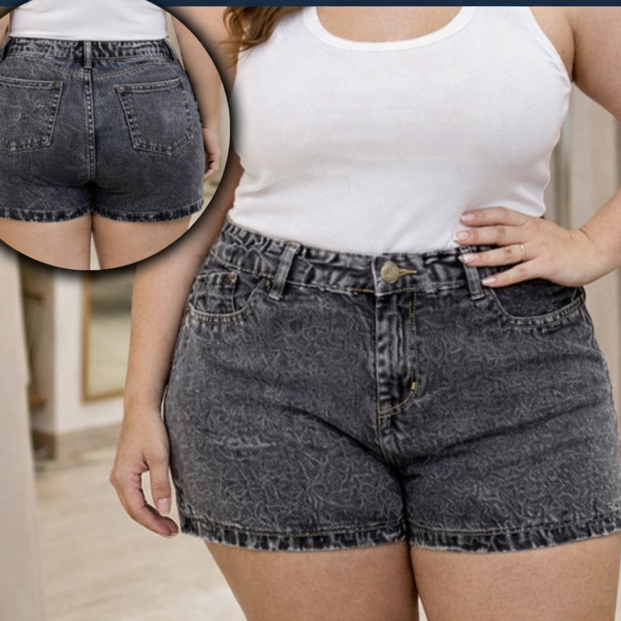 Short Plus Size Jeans Feminino Cintura Alta Modeladora Preto Empina Bumbum Extremos Conforto