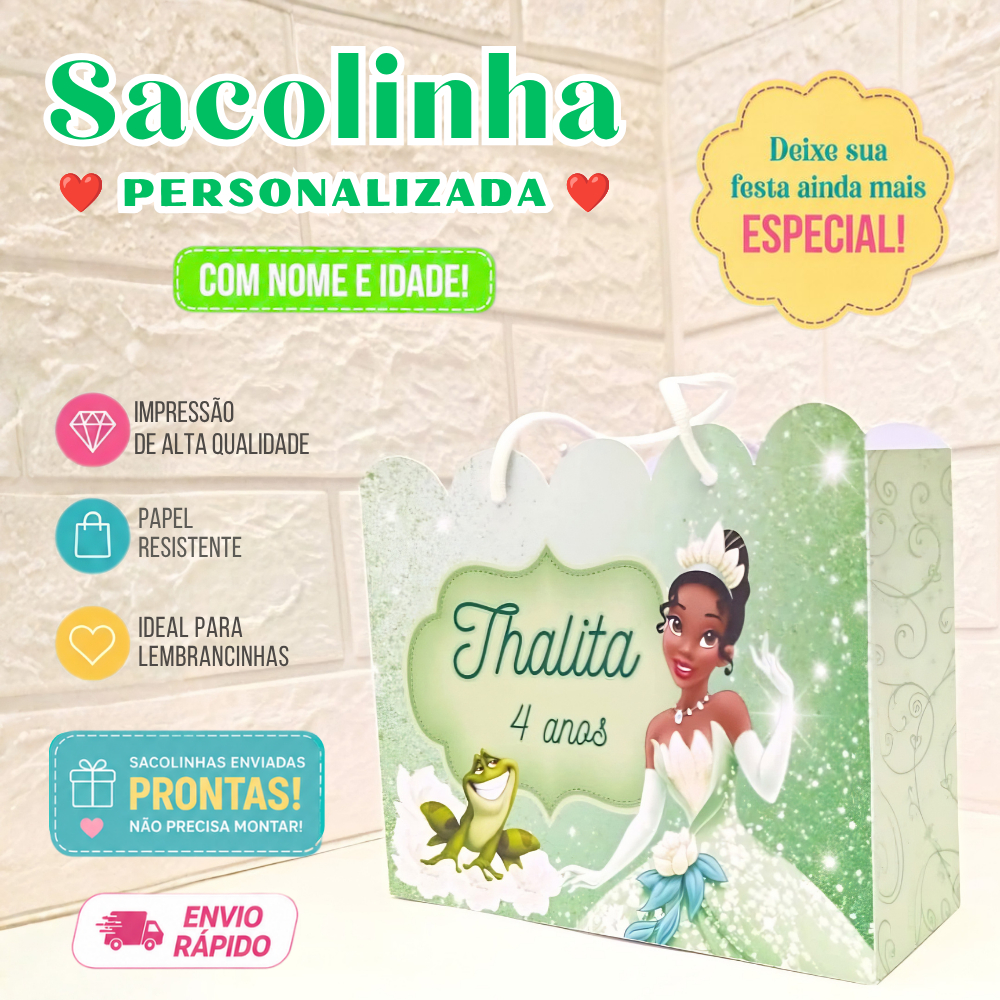 Sacolinha Personalizada | Lembrancinha Aniversário | Festa Infantil | Tiana | A Princesa e o Sapo