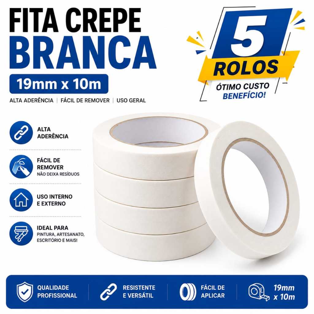 Fita Crepe 19mm x 10m Pintura e Proteção Uso Geral Atacado - 5 Rolos