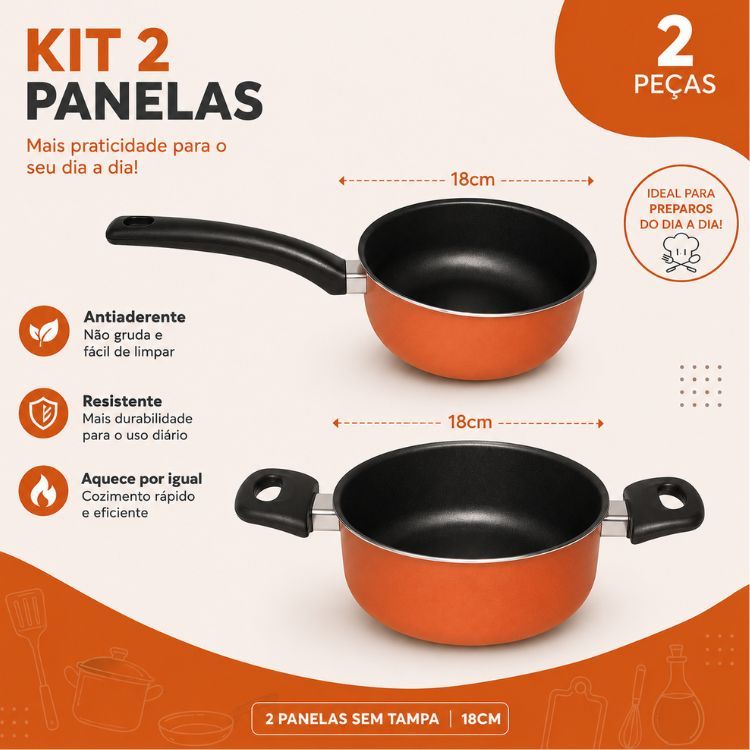 Conjunto de 2 panelas caçarolas Teflon antiaderente 18 Sem Tampa