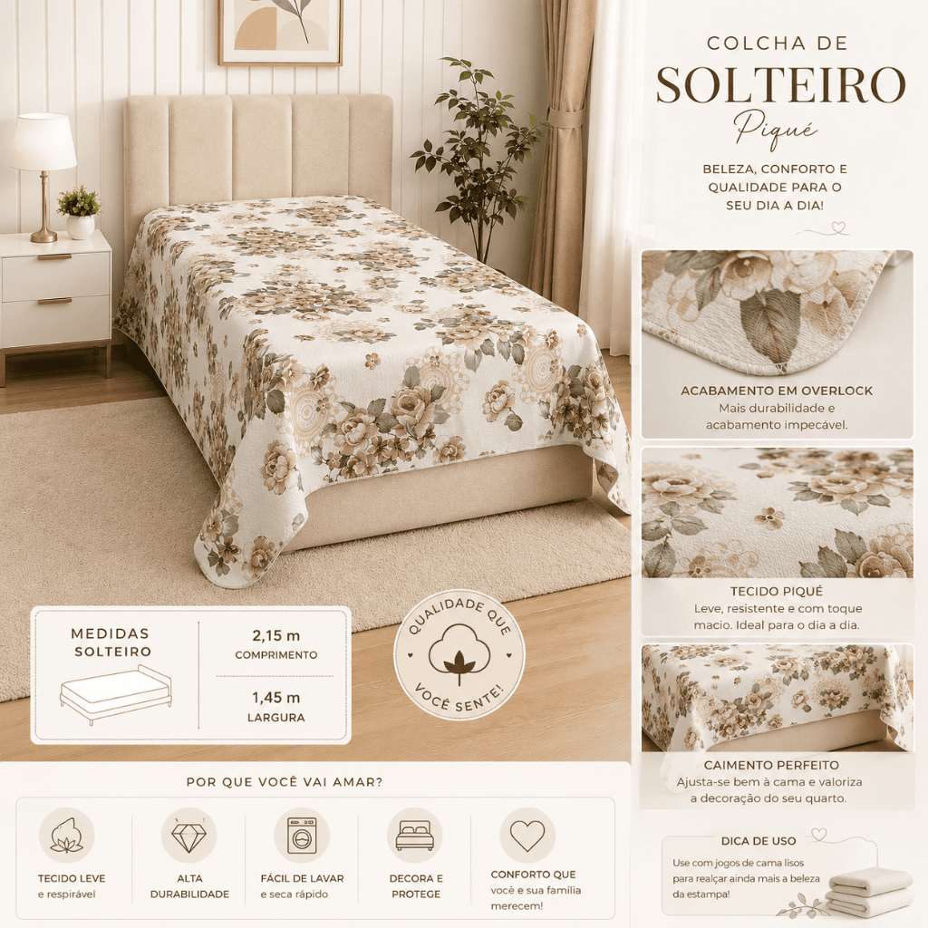 Colcha Solteiro Padrão Piquê Estampada – Toque Macio – Cama Solteiro 1,50 x 2,20m